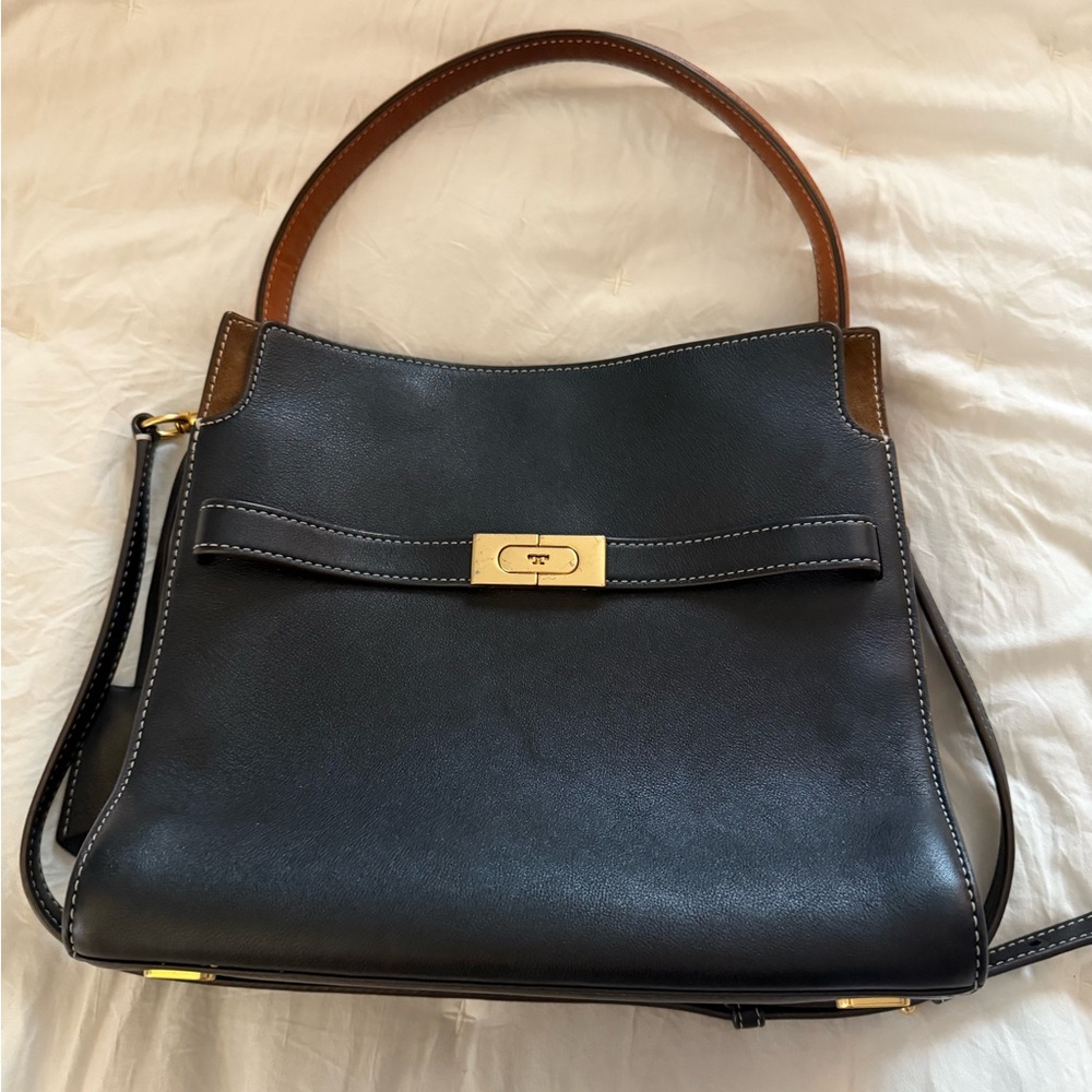 Tory Burch Black and Brown Leather Shoulder Bag with Gold Hardware